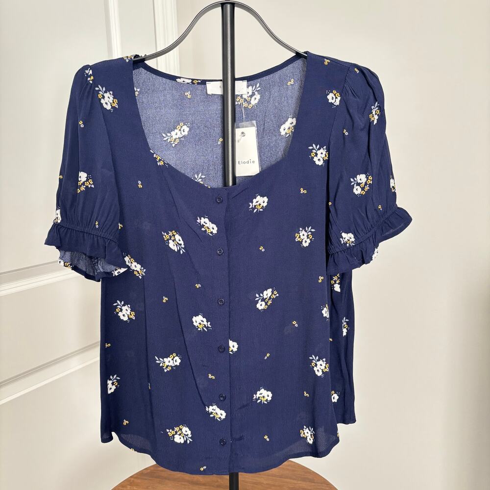 Elodie Navy Floral Puff Sleeve Button Blouse Top Women's Large Cottagecore